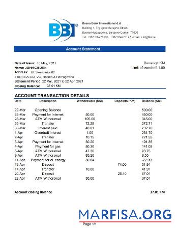 Printable Bosnia and Herzegovina Bosna bank International bank statement excel example